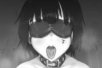  1girl blindfold blush collar dawalixi facing_viewer greyscale highres monochrome open_mouth original short_hair solo sparkle tally tongue tongue_out 