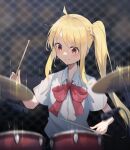  1girl ahoge blonde_hair bocchi_the_rock! commentary_request drum drum_set drumsticks highres holding holding_drumsticks ijichi_nijika instrument long_hair looking_down orange_eyes rafrog school_uniform shimokitazawa_high_school_uniform shuka_high_school_uniform side_ponytail smile solo sweat upper_body 