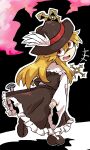  blonde_hair brown_footwear brown_headwear brown_vest cross dolls_in_pseudo_paradise fedora frilled_shirt_collar frilled_skirt frills from_behind hat hat_feather highres holding holding_cross jacket_girl_(dipp) kota919 long_hair looking_at_viewer murder_in_pseudo_paradise red_eyes shoes skirt smile socks touhou vest white_vest 