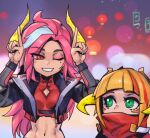 2girls ;d annie_(league_of_legends) bangs black_jacket blonde_hair breasts green_eyes grey_hair grin hands_up horns index_finger_raised jacket league_of_legends looking_at_another lunar_beast_annie lunar_beast_miss_fortune medium_breasts miss_fortune_(league_of_legends) mole mole_under_eye multicolored_background multicolored_hair multiple_girls navel official_alternate_costume one_eye_closed open_clothes open_jacket phantom_ix_row pink_hair red_hair red_scarf scarf smile stomach streaked_hair teeth upper_body 