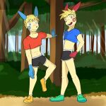  anthro anthrofied bottomwear clothed clothing crop_top duo footwear forest fuze generation_3_pokemon hi_res hotpants male midriff minun navel nintendo outside plant plusle pokemon pokemon_(species) shirt shoes shorts socks t-shirt topwear tree 