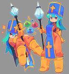  1girl bacun blue_hair bodysuit boots breasts cross dragon_quest dragon_quest_iii english_commentary frown gloves hat highres holding holding_weapon long_breast_curtain long_hair looking_at_viewer mace mitre multiple_views orange_bodysuit priest_(dq3) red_eyes slime_(creature) slime_(dragon_quest) smile sparkle tabard weapon 