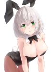  1girl all_fours animal_ears bare_shoulders bent_over black_bow black_bowtie black_leotard black_pantyhose blush bow bowtie braid breasts bursting_breasts cleavage closed_mouth detached_collar fake_animal_ears foreshortening green_eyes grey_hair highres hololive large_breasts leotard looking_at_viewer medium_hair mole mole_on_breast pantyhose playboy_bunny rabbit_ears rabbit_tail shirogane_noel side_braid skindentation solo strapless strapless_leotard sweatdrop tail tenmon_(tenmon0715) traditional_bowtie undersized_breast_cup virtual_youtuber wavy_hair wing_collar 