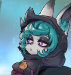  1girl bangs black_hoodie colored_skin ears_through_headwear green_hair grey_skin hood hood_up hoodie league_of_legends medium_hair multicolored_background phantom_ix_row pink_eyes pointy_ears solo teeth vex_(league_of_legends) yordle 