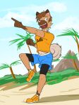  2018 anthro anthrofied beach bottomwear clothed clothing footwear fully_clothed fuze generation_7_pokemon gesture hi_res male navel nintendo outside palm_tree plant pointing pokemon pokemon_(species) pokemorph ricky_(fuze) rockruff seaside shirt shoes shorts socks solo t-shirt topwear tree 