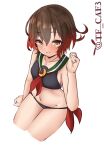  1girl adapted_costume bikini black_bikini brown_hair cropped_legs gradient_hair green_sailor_collar highres kantai_collection lowleg lowleg_bikini multicolored_hair mutsuki_(kancolle) mutsuki_kai_ni_(kancolle) neckerchief one-hour_drawing_challenge red_hair red_neckerchief sailor_bikini sailor_collar short_hair side-tie_bikini_bottom sitting solo swimsuit tf_cafe 