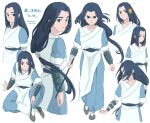  1boy artist_name black_eyes black_hair flower hair_flower hair_ornament highres holding long_hair low-tied_long_hair multiple_views simple_background smile the_legend_of_luo_xiaohei very_long_hair white_background wide_shot wuxian_(the_legend_of_luoxiaohei) yadokari_chimaki yellow_flower 