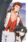  2boys bara blue_eyes brown_hair cannon carrying carrying_person carrying_under_arm collared_jacket command_spell cross_scar facial_hair fate/grand_order fate_(series) feet_out_of_frame from_below fujimaru_ritsuka_(male) goatee highres leather_belt long_sideburns looking_to_the_side male_focus multiple_boys muscular muscular_male napoleon_bonaparte_(fate) scar scar_on_chest shitappa short_hair sideburns thighs 