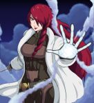  1girl bangs bodysuit covered_navel cryokinesis ememtrp fur_coat highres holding holding_weapon ice kirijou_mitsuru long_hair magic outstretched_hand pale_skin persona persona_3 persona_4 persona_4:_the_ultimate_in_mayonaka_arena rapier red_eyes red_hair smile solo sword weapon 