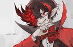  1boy black_hair bow bowtie coat dress_shirt evil_grin evil_smile extra_eyes friedbirdchips grin highres jewelry library_of_ruina lobotomy_corporation monster_boy multicolored_hair nosferatu_(project_moon) pointy_ears project_moon red_bow red_coat red_eyes red_hair ring shirt short_hair smile streaked_hair suit_jacket teeth tuxedo upper_body vampire veins 
