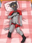  2018 anthro anthrofied bed black_seam_briefs black_seam_underwear briefs briefs_pull clothed clothing clothing_lift clothing_pull colored_seam_underwear erection erection_under_clothing footwear furniture fuze generation_3_pokemon hi_res high-angle_view lying male nintendo nipples on_back on_bed pantsless partially_clothed pawl_(fuze) pillow pink_bedding pokemon pokemon_(species) pokemorph poochyena red_briefs red_clothing red_underwear shirt shirt_lift socks solo t-shirt tenting topwear underwear underwear_pull 