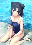  1girl absurdres bangs barefoot black_eyes black_hair blue_one-piece_swimsuit breasts cleavage commentary_request competition_school_swimsuit double_bun hair_bun highres large_breasts long_hair love_live! love_live!_nijigasaki_high_school_idol_club lowlight1010 one-piece_swimsuit pool poolside school_swimsuit shadow sitting solo strap_slip swimsuit wariza water yuuki_setsuna_(love_live!) 