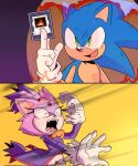  1boy 1girl animal_nose blaze_the_cat card constricted_pupils energy_barrier fangs furry furry_female furry_male gloves green_eyes highres holding holding_card open_mouth parody scene_reference screaming smile sonic_(series) sonic_the_hedgehog stellarspin white_gloves yu-gi-oh! yu-gi-oh!_duel_monsters 