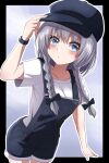 1girl :/ black_bow black_headwear black_overalls blue_eyes blush bow closed_mouth collarbone commentary cowboy_shot denim fingernails flat_cap grey_hair hair_bow hand_on_headwear happy_ginko hat highres izayoi_sakuya long_hair looking_at_viewer overalls shirt solo touhou watch white_shirt wristwatch 