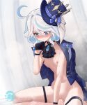  1boy 1girl absurdres ahoge ascot bar_censor black_ascot black_gloves blue_bow blue_coat blue_eyes blue_hair blue_headwear blush bow breasts censored clenched_hand closed_mouth clothed_sex coat coat_on_shoulders commentary cowgirl_position feet_out_of_frame focalors_(genshin_impact) genshin_impact girl_on_top gloves green_eyes hair_between_eyes hair_intakes half_gloves hat hat_bow hetero heterochromia highres jewelry light_blue_hair looking_down medium_breasts medium_hair mildt mismatched_pupils multicolored_hair naked_coat navel nipples open_clothes open_coat pendant penis pussy pussy_juice solo_focus spread_legs steaming_body straddling sweat thigh_strap tilted_headwear top_hat two-tone_hair vaginal white_hair wristband 