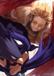  2boys animal_head beak black_cloak black_gloves black_wristband blank_eyes blonde_hair boku_no_hero_academia chromatic_aberration cloak clothes_grab commentary_request dark_shadow facial_hair feathered_wings feathers flying forked_eyebrows fur-trimmed_jacket fur-trimmed_sleeves fur_trim gloves goatee hair_slicked_back hawks_(boku_no_hero_academia) headphones high_collar highres hug hug_from_behind jacket long_sleeves looking_at_another male_focus multiple_boys nakamu_405 open_mouth partial_commentary pixiv_username red_eyes red_feathers red_wings sanpaku short_hair simple_background smile stubble tinted_eyewear tokoyami_fumikage triangle twitter_username white_background wings x_arms yellow-tinted_eyewear yellow_eyes yellow_jacket 
