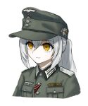  1girl closed_mouth cropped_torso edelweiss_(flower) english_commentary grey_hair hair_between_eyes hat light_smile long_hair looking_ahead military military_hat military_uniform orange_eyes original ponytail simple_background soldier solo uniform wehrmacht weimar_29 white_background 
