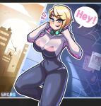  1girl absurdres artist_name blue_eyes breasts covered_navel feet_out_of_frame hands_up headphones highres large_breasts looking_at_viewer marvel open_mouth outline sagas293 skin_tight smile solo speech_bubble spider-gwen spider-man_(series) white_outline 