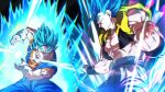  2boys abs aura blue_eyes blue_hair clenched_hands commentary dragon_ball dragon_ball_super dragon_ball_super_broly earrings electricity fighting_stance furrowed_brow gloves gogeta jewelry kamehameha male_focus metamoran_vest multiple_boys muscular muscular_male open_mouth potara_earrings rom_(20) smile super_saiyan super_saiyan_blue vegetto white_gloves wristband 