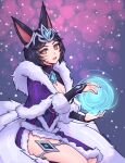  1girl ahri_(league_of_legends) animal_ears artist_name bangs black_hair breasts cleavage facial_mark fox_ears fox_tail from_side fur-trimmed_kimono fur_trim hair_ornament japanese_clothes kimono large_breasts league_of_legends long_sleeves looking_at_viewer magic midnight_ahri multicolored_background nail_polish nanumn official_alternate_costume orange_eyes short_hair sitting slit_pupils solo tail whisker_markings 