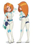  arm_up ass barleyshake belt bodysuit breasts closed_mouth english_commentary full_body green_eyes highres kim_possible kimberly_ann_possible long_hair medium_breasts multiple_views official_alternate_costume orange_hair standing thigh_strap white_background white_bodysuit 