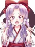  1girl bangs bow forehead gohei hair_bow hair_tubes hakama hakama_skirt hakurei_reimu hakurei_reimu_(pc-98) happy holding holding_gohei japanese_clothes kimono long_sleeves matsukuzu miko orb parted_bangs pointing purple_eyes purple_hair red_bow red_hakama ribbon-trimmed_sleeves ribbon_trim sidelocks simple_background skirt solo touhou touhou_(pc-98) upper_body white_background white_kimono wide_sleeves yin_yang yin_yang_orb 