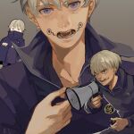 1boy bangs commentary_request dated_commentary facial_tattoo grey_background grey_hair inumaki_toge jacket jujutsu_kaisen long_sleeves male_focus megaphone multiple_views open_mouth purple_eyes purple_jacket short_hair tattoo tongue_tattoo upper_body zi_tsas 