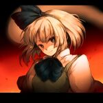  1girl black_background bow bowtie collared_shirt eyes_visible_through_hair fiery_background fire gradient_background green_eyes green_vest konpaku_youmu konpaku_youmu_(ghost) looking_at_viewer onimaru_gonpei red_background serious shirt solo touhou vest white_hair white_shirt 