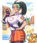  1girl absurdres artist_name beach bird black_gloves black_hair blush breast_pocket breasts brown_eyes cloud collared_shirt fingerless_gloves freckles gloves green_hair highres holding holding_poke_ball large_breasts long_hair looking_at_viewer multicolored_hair necktie nemona_(pokemon) orange_necktie orange_shorts outline palm_tree parted_lips pawmot pocket poke_ball pokemon pokemon_(game) pokemon_sv ponytail sagas293 shirt short_sleeves shorts single_glove smile solo streaked_hair tree water white_outline white_shirt wiglett wugtrio 