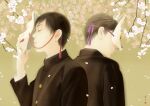  2boys absurdres bangs black_hair brown_background closed_eyes expressionless flower fox_mask gakuran hand_up highres long_sleeves male_focus mask multiple_boys original petals re:i school_uniform short_hair tree white_flower 