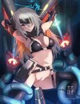  1girl armpits arms_up bestiality black_gloves blush boots breasts elbow_gloves foley_anden gloves grey_hair highres medium_breasts navel phantasy_star phantasy_star_online_2 pussy red_eyes restrained sex sex_machine solo stationary_restraints tentacles thigh_boots thighhighs 