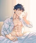  1boy abs absurdres bed black_hair blanket brown_eyes dress_shirt fate/grand_order fate_(series) highres looking_at_viewer male_focus muscular muscular_male one_eye_closed open_clothes open_shirt pectorals saitou_hajime_(fate) shirt short_hair sitting sleeves_rolled_up sunlight twitter_username under_covers white_shirt yaekaidou 