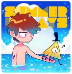  bill_cipher blue_sky brown_hair cyclops dipper_pines dress gravity_falls hat ocean one-eyed otoe_(milkyboy_inc.) sky stickam summer sundress top_hat water 