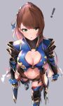  ! 1girl absurdres armor bangs beatrix_(granblue_fantasy) blush breasts brown_hair buckle cleavage cleavage_cutout clothing_cutout collared_shirt frills from_above gloves granblue_fantasy green_eyes hair_ornament hair_ribbon highres hinataa large_breasts looking_at_viewer navel open_mouth ponytail ribbon shirt shoulder_armor simple_background solo thighhighs 