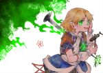  1girl blonde_hair blue_skirt brown_capelet capelet commentary_request green_eyes hand_on_own_face holding itomugi-kun mizuhashi_parsee open_mouth pointy_ears shirt short_hair skirt smile solo touhou translation_request white_shirt wrist_cuffs 