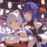  2girls :d ahoge bangs bare_shoulders blue_eyes china_dress chinese_clothes chinese_new_year dress grin hair_ornament hetare_mizu highres holding_hands honkai_(series) honkai_impact_3rd horns kiana_kaslana kiana_kaslana_(herrscher_of_flamescion) lantern long_hair looking_at_viewer multiple_girls night night_sky orange_dress outdoors purple_dress purple_eyes purple_hair raiden_mei raiden_mei_(herrscher_of_thunder) sky smile star_(sky) starry_sky teeth white_hair 