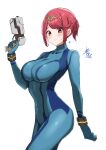  1girl absurdres aotsuba bodysuit breasts cosplay covered_navel cowboy_shot earrings gun handgun highres jewelry large_breasts light_blush looking_at_viewer metroid pyra_(xenoblade) red_eyes red_hair samus_aran samus_aran_(cosplay) short_hair short_ponytail signature simple_background smile solo tiara weapon white_background xenoblade_chronicles_(series) xenoblade_chronicles_2 zero_suit 