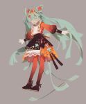  1girl :d ahoge apron aqua_eyes aqua_hair back_bow bangs beads black_apron black_footwear blush bow clothing_cutout dress floating_hair full_body gloves green_eyes green_hair grey_background hair_ornament hair_rings hatsune_miku highres lace lace_gloves lace_trim leaf_hair_ornament long_hair long_sleeves looking_at_viewer open_mouth orange_dress outstretched_arms puffy_long_sleeves puffy_sleeves red_dress red_thighhighs shoes simple_background smile solo standing tassel thighhighs twintails two-sided_fabric uhui very_long_hair vocaloid waist_apron yaopei 