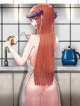  1girl apron arknights ass backboob bagpipe_(arknights) blush breasts commentary cowboy_shot dragon_horns from_behind highres holding horns kettle kitchen large_breasts long_hair looking_at_viewer looking_back mildt naked_apron open_mouth orange_hair potato potato_peel purple_eyes sink smile solo standing straight_hair thigh_gap tile_wall tiles white_apron 