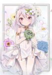  bouquet dress flower gaaratelier garter_belt garter_straps hair_flower hair_ornament holding holding_bouquet kokkoro_(princess_connect!) looking_at_viewer pink_eyes pointy_ears princess_connect! short_hair smile strapless strapless_dress thighhighs wedding_dress white_hair white_thighhighs 