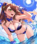  1girl absurdres bangs beatrix_(granblue_fantasy) beatrix_(summer)_(granblue_fantasy) bikini blush breasts brown_hair cleavage cloud frilled_bikini frills granblue_fantasy green_eyes hair_ornament highres hinataa large_breasts long_hair navel ocean official_alternate_costume open_mouth ponytail sky smile solo swimsuit 