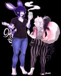  anthro beverage blouse bottomwear clothing coffee denim denim_clothing duo felid feline female hi_res jeans lagomorph leporid male mammal nazra nazra_mitra pants purse rabbit shape_shifter shirt topwear zingiber zingiber_(zingiber) 