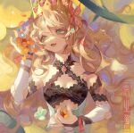  1girl absurdres bangs bare_shoulders blonde_hair breasts butterfly_hair_ornament celine_(fire_emblem) cjio_chen crown detached_sleeves dress fire_emblem fire_emblem_engage flower food fruit green_eyes hair_between_eyes hair_ornament highres holding holding_food holding_fruit long_hair looking_to_the_side open_mouth small_breasts solo upper_body very_long_hair 