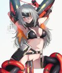  1girl armpits arms_up bestiality black_gloves blush boots breasts elbow_gloves foley_anden gloves grey_hair highres medium_breasts navel phantasy_star phantasy_star_online_2 red_eyes restrained sex sex_machine solo stationary_restraints tentacles thigh_boots thighhighs 