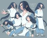  1boy artist_name black_footwear black_hair copyright_name grey_background highres holding long_hair low-tied_long_hair multiple_views shoes simple_background the_legend_of_luo_xiaohei wuxian_(the_legend_of_luoxiaohei) yadokari_chimaki 