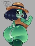  alph_(monnodev) amphibian anthro big_breasts big_butt black_eyes blue_hair blush blush_stickers bottomless breasts butt clothed clothing female frog green_body hair hat headgear headwear hi_res huge_butt huge_hips huge_thighs idlepotoo looking_at_viewer looking_back non-mammal_breasts open_mouth shirt solo thick_thighs topwear wide_hips 