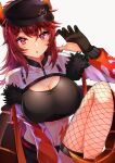  1girl :o black_bustier black_gloves black_headwear breasts bustier cleavage cropped_jacket dola_(nijisanji) dragon_girl dragon_horns dragon_tail fishnet_thighhighs fishnets gloves hair_between_eyes highres horns large_breasts long_hair long_sleeves looking_at_viewer midriff navel nijisanji partially_fingerless_gloves red_eyes red_hair see-through simple_background solo stomach tail thighhighs virtual_youtuber white_background zacky zipper zipper_pull_tab 