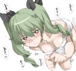  1boy 1girl anchovy_(girls_und_panzer) black_ribbon breasts cleavage closed_mouth drill_hair elf_(stroll_in_the_woods) girls_und_panzer green_hair hair_ribbon long_hair looking_at_viewer red_eyes ribbon simple_background solo translation_request twin_drills white_background 