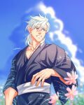  1boy absurdres artist_name bangs bara blue_eyes blue_kimono blue_sky cloud collarbone fate/grand_order fate_(series) field flower flower_field grin hair_between_eyes highres japanese_clothes kimono looking_to_the_side male_focus muscular muscular_male pectoral_cleavage pectorals percival_(fate) short_hair sky smile solo twitter_username white_hair yaekaidou 