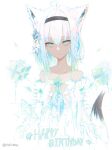  1girl ahoge animal_ears bare_shoulders black_hairband blue_eyes blue_hair box fox_ears fox_tail gift gift_box grey_hair hair_between_eyes hairband happy_birthday highres hololive hurybone shirakami_fubuki simple_background solo tail underwear virtual_youtuber white_background white_hair 